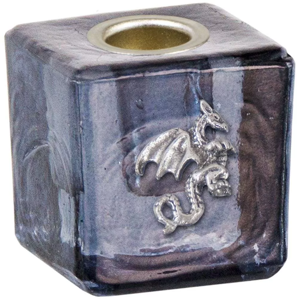 1.25" Mini Glass Candle Holder Cube - Black Dragon