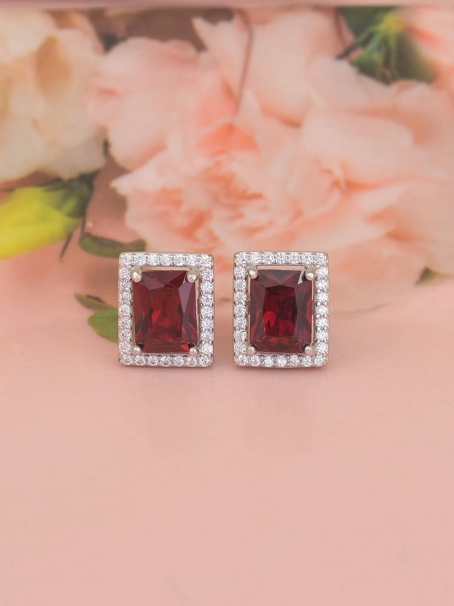 925 Silver Red Ruby Stud Statement Party Earrings For Women