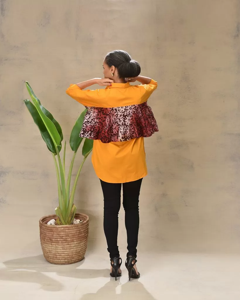 Aimas Namke orange Shirt with Gele image and Adire crepe back detail