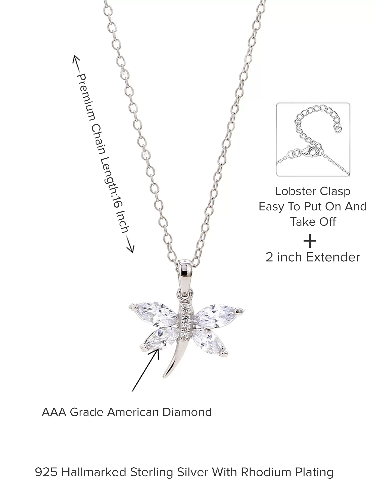 American Diamond Butterfly Necklace In 925 Silver