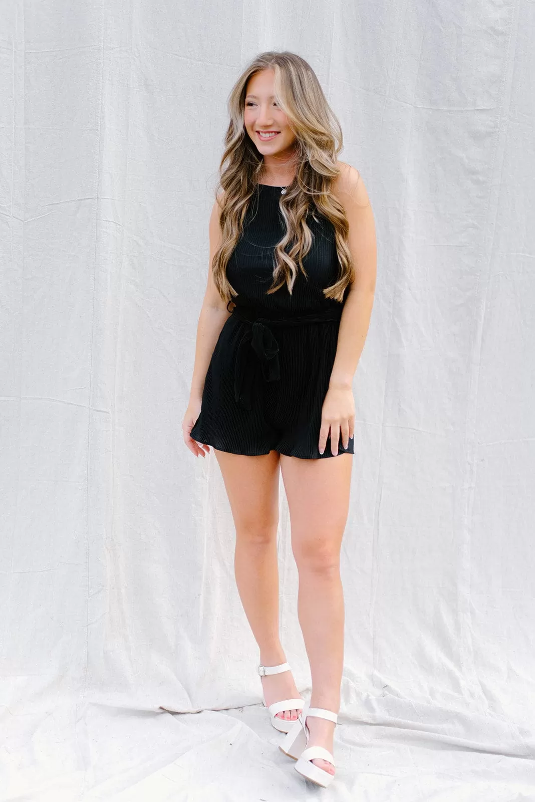 Black Halter Pleated Romper