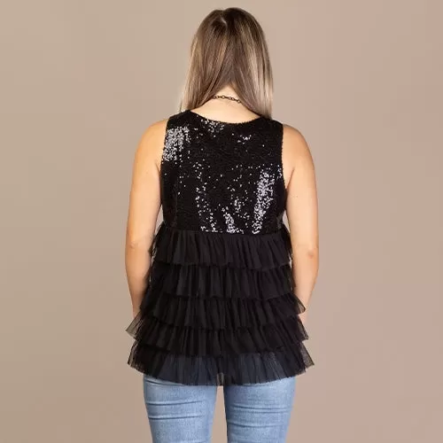 Black Sequin & Layered Tulle sleeveless top