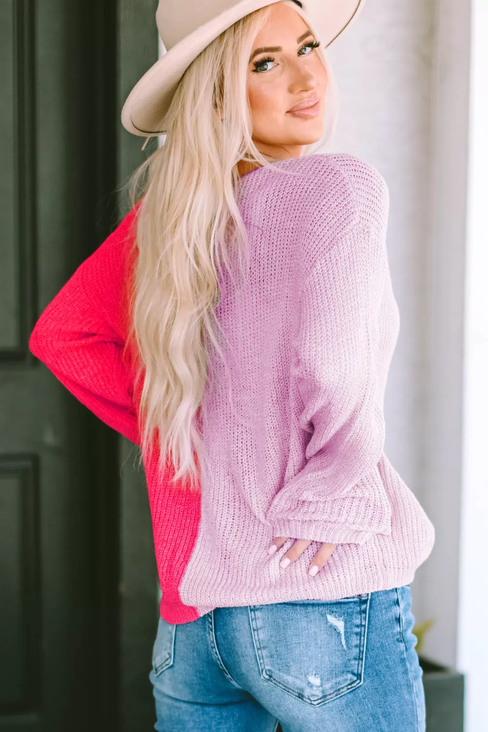 Contrast Color V-Neck Long Sleeve Pullover Sweater