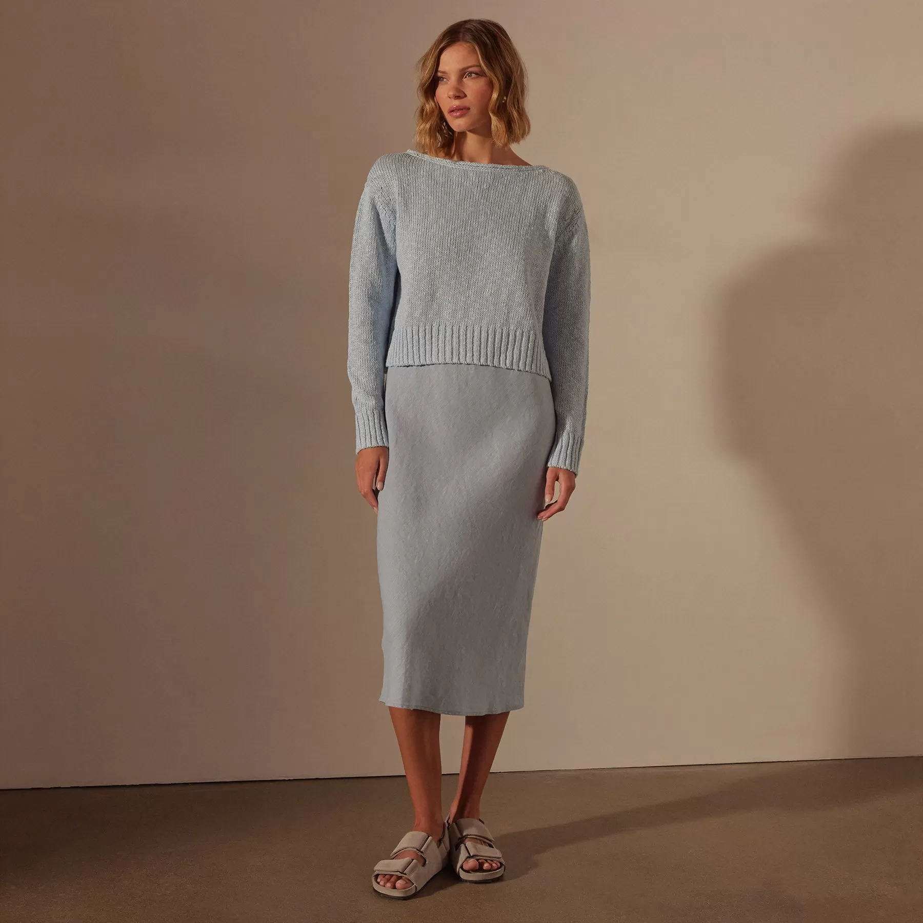 Cotton Linen Boatneck Sweater - Bleached Blue