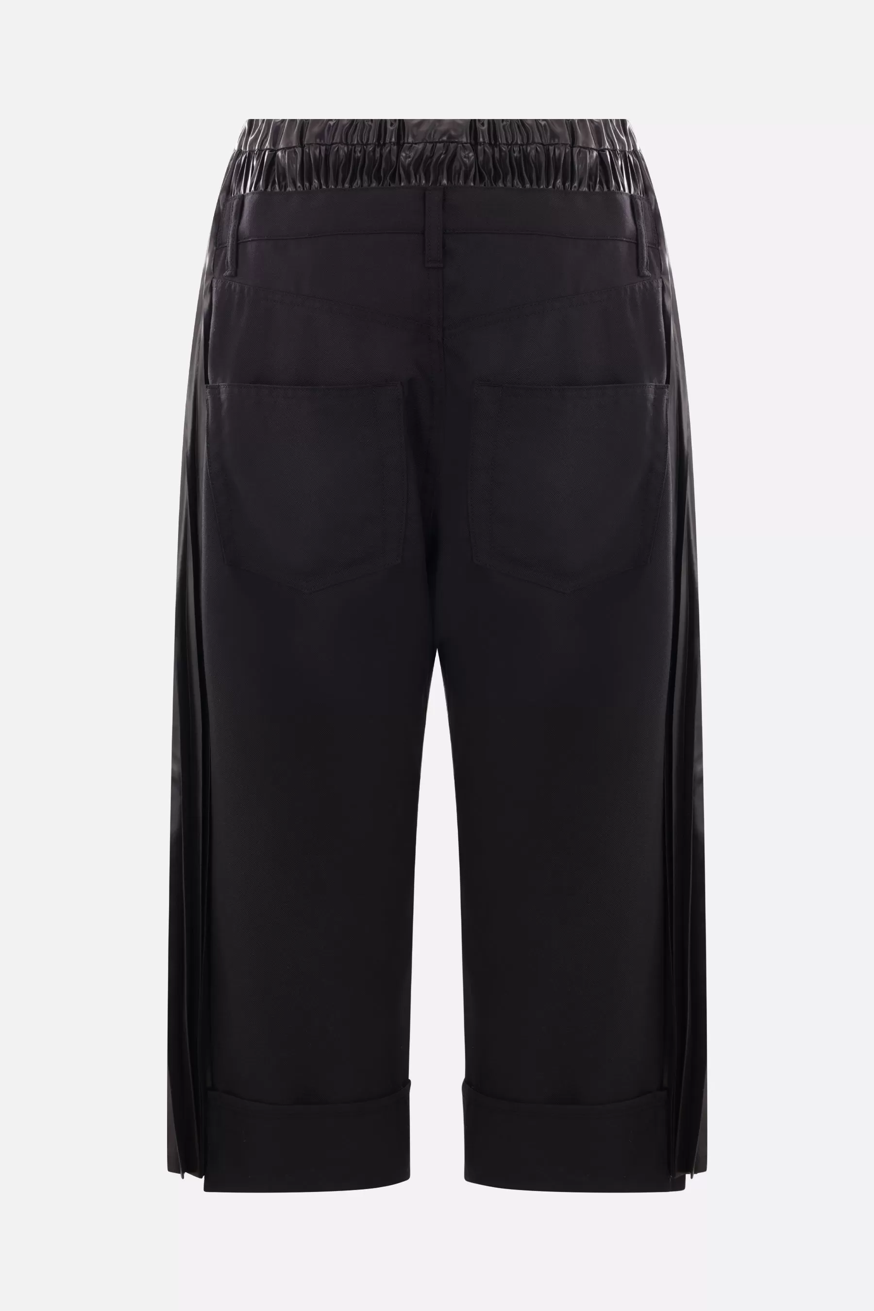 cropped pants in twill and shiny pleated nylon