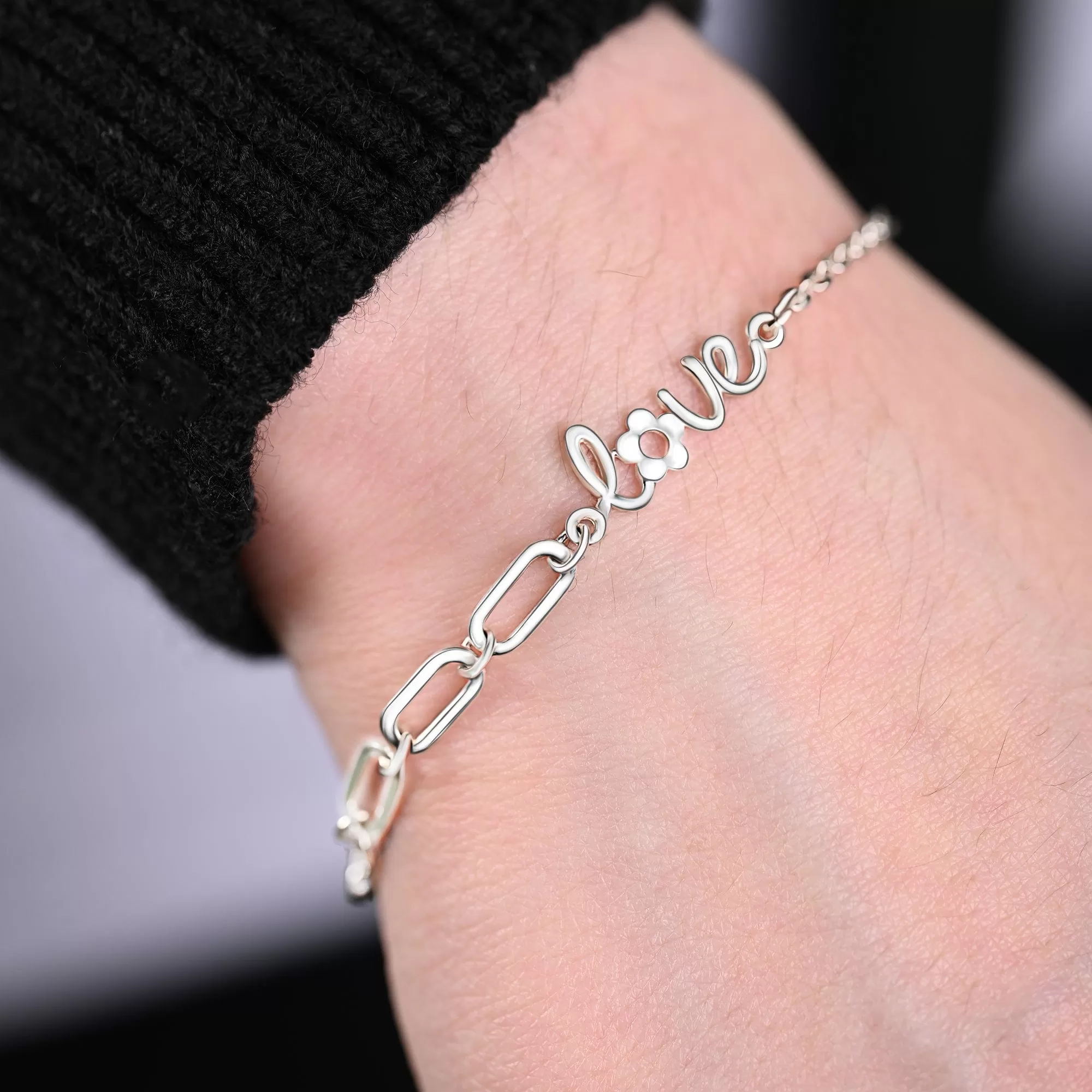 Cursive Love Link Chain Bracelet Sterling Silver