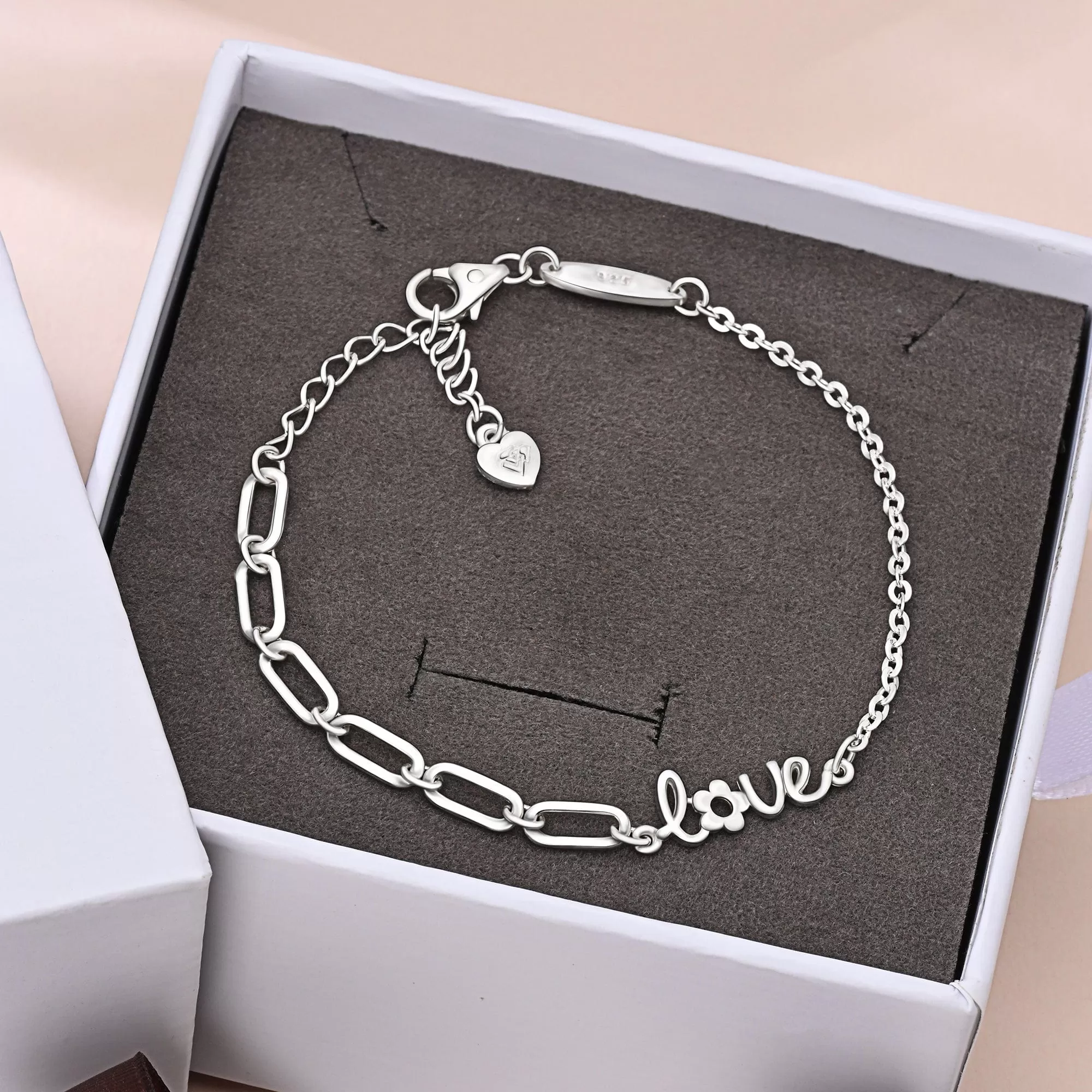 Cursive Love Link Chain Bracelet Sterling Silver