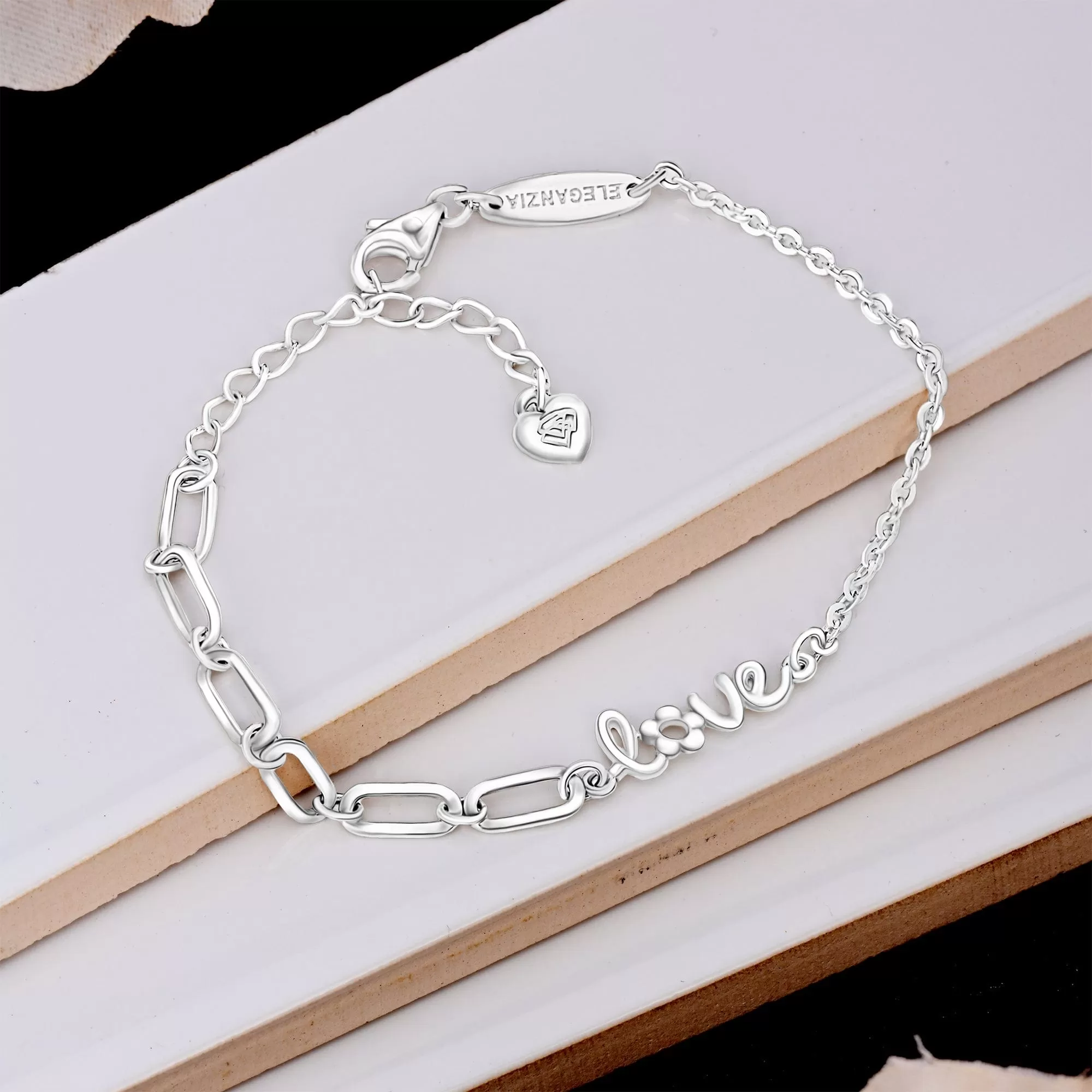 Cursive Love Link Chain Bracelet Sterling Silver