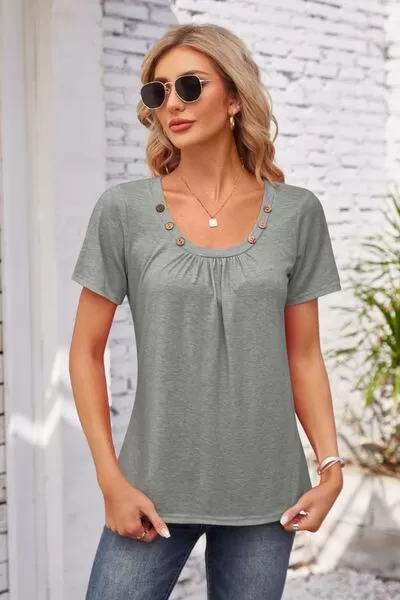 Decorative Button Scoop Neck T-Shirt