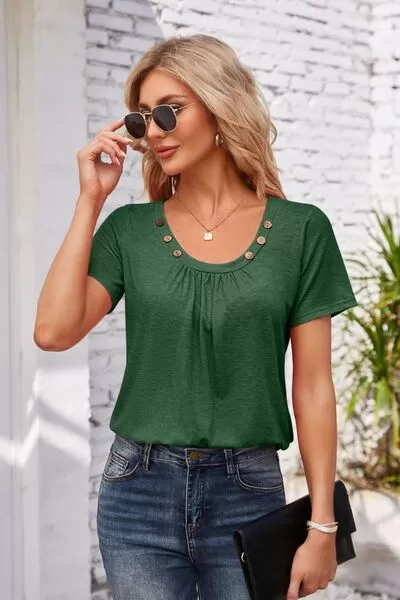 Decorative Button Scoop Neck T-Shirt