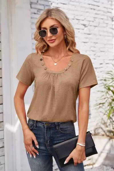 Decorative Button Scoop Neck T-Shirt