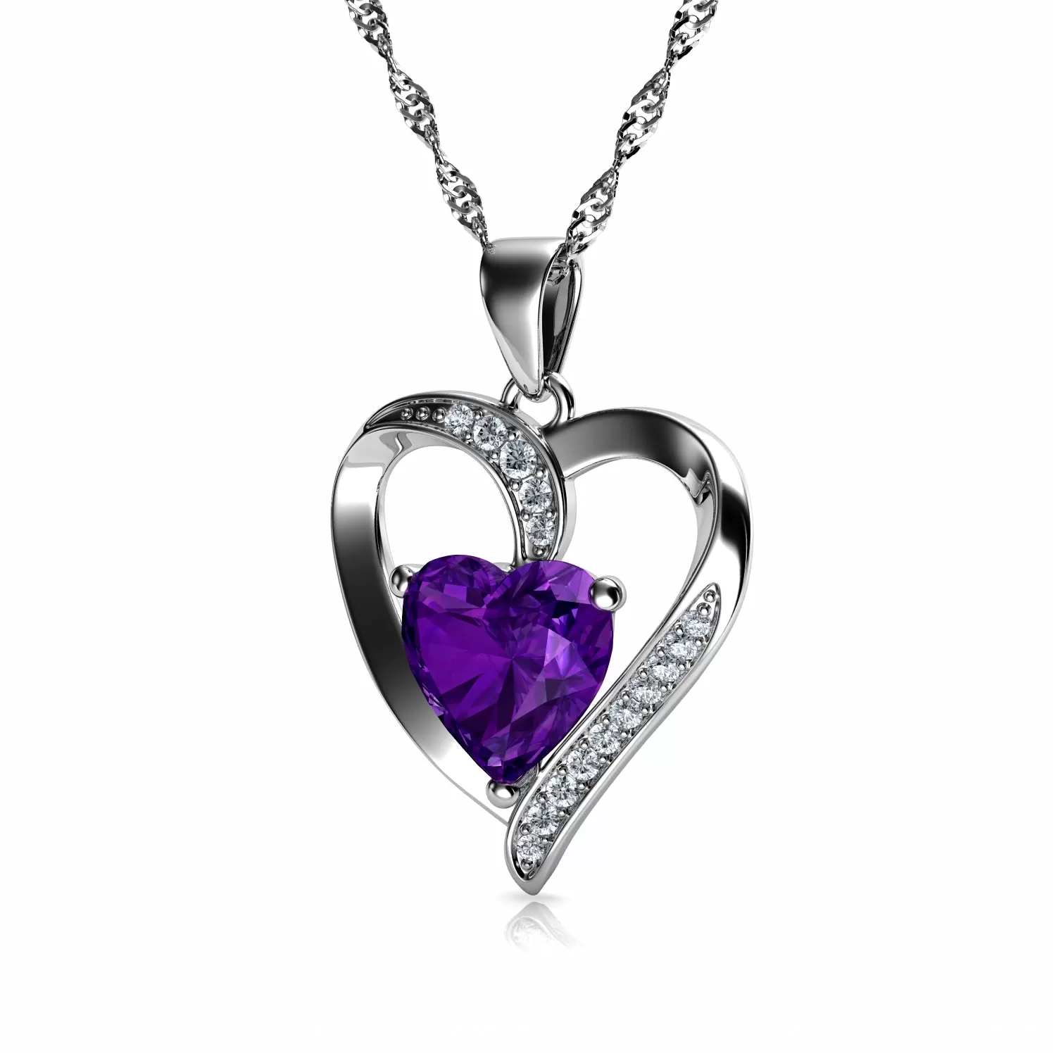 DEPHINI Purple Heart Necklace - 925 Sterling Silver CZ Crystal Pendant