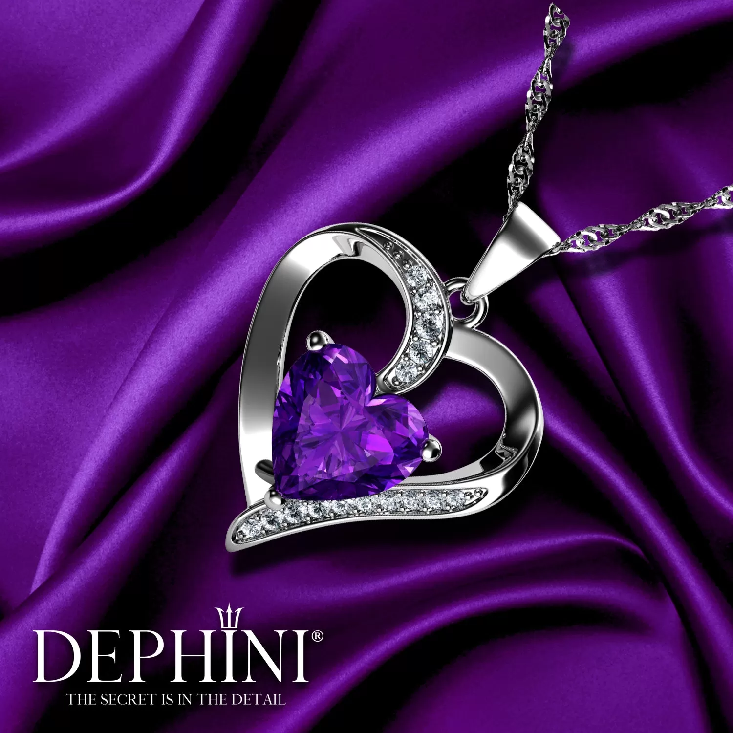 DEPHINI Purple Heart Necklace - 925 Sterling Silver CZ Crystal Pendant