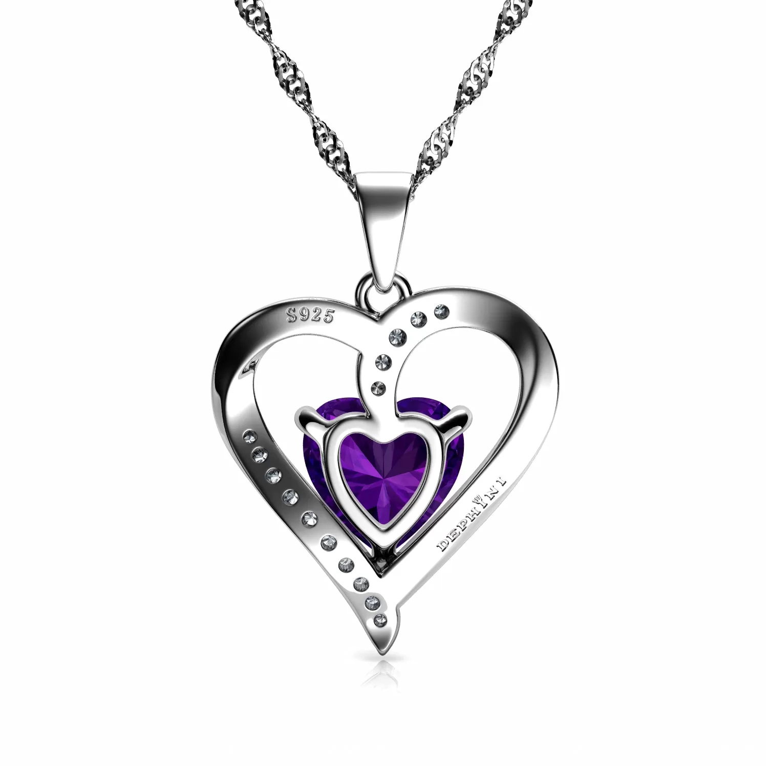 DEPHINI Purple Heart Necklace - 925 Sterling Silver CZ Crystal Pendant