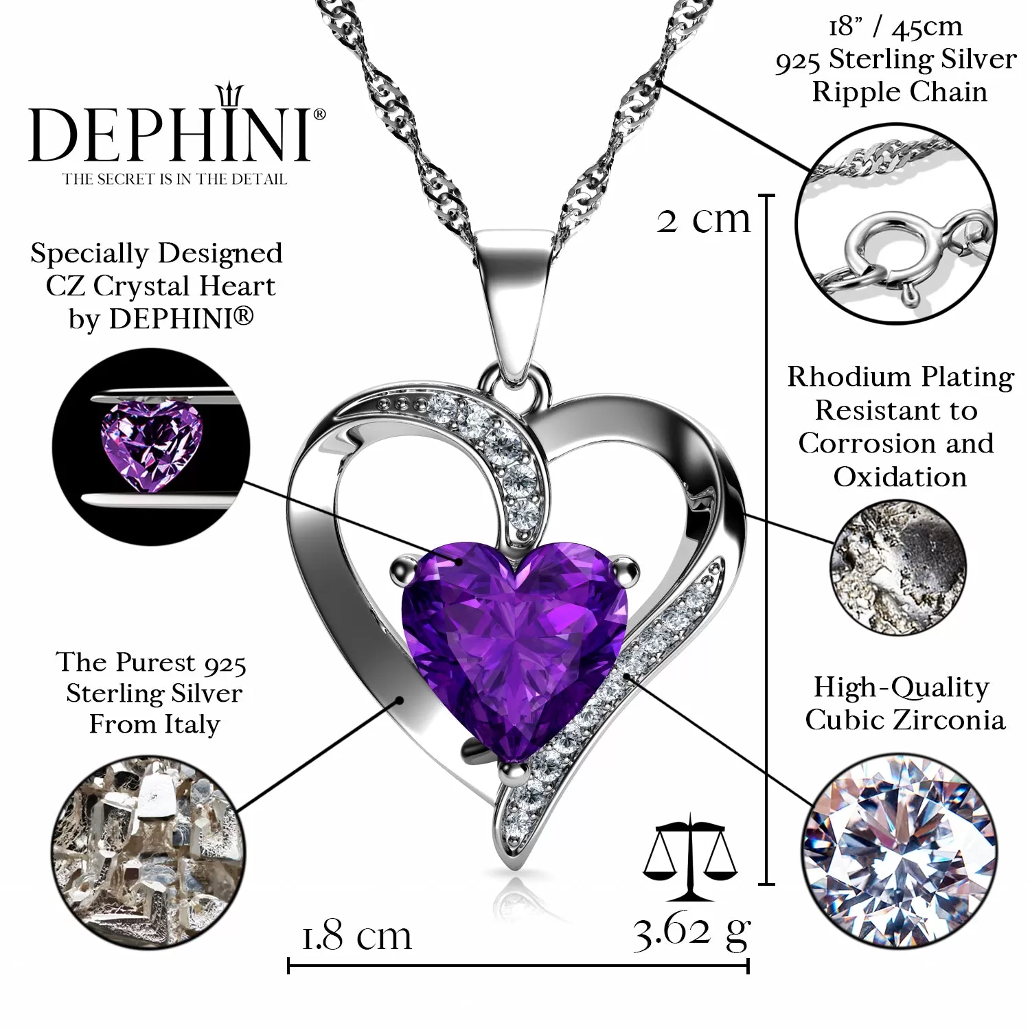 DEPHINI Purple Heart Necklace - 925 Sterling Silver CZ Crystal Pendant