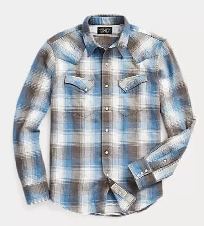 Double RL - Slim Fit Plaid Twill Western Shirt in Blue Multi