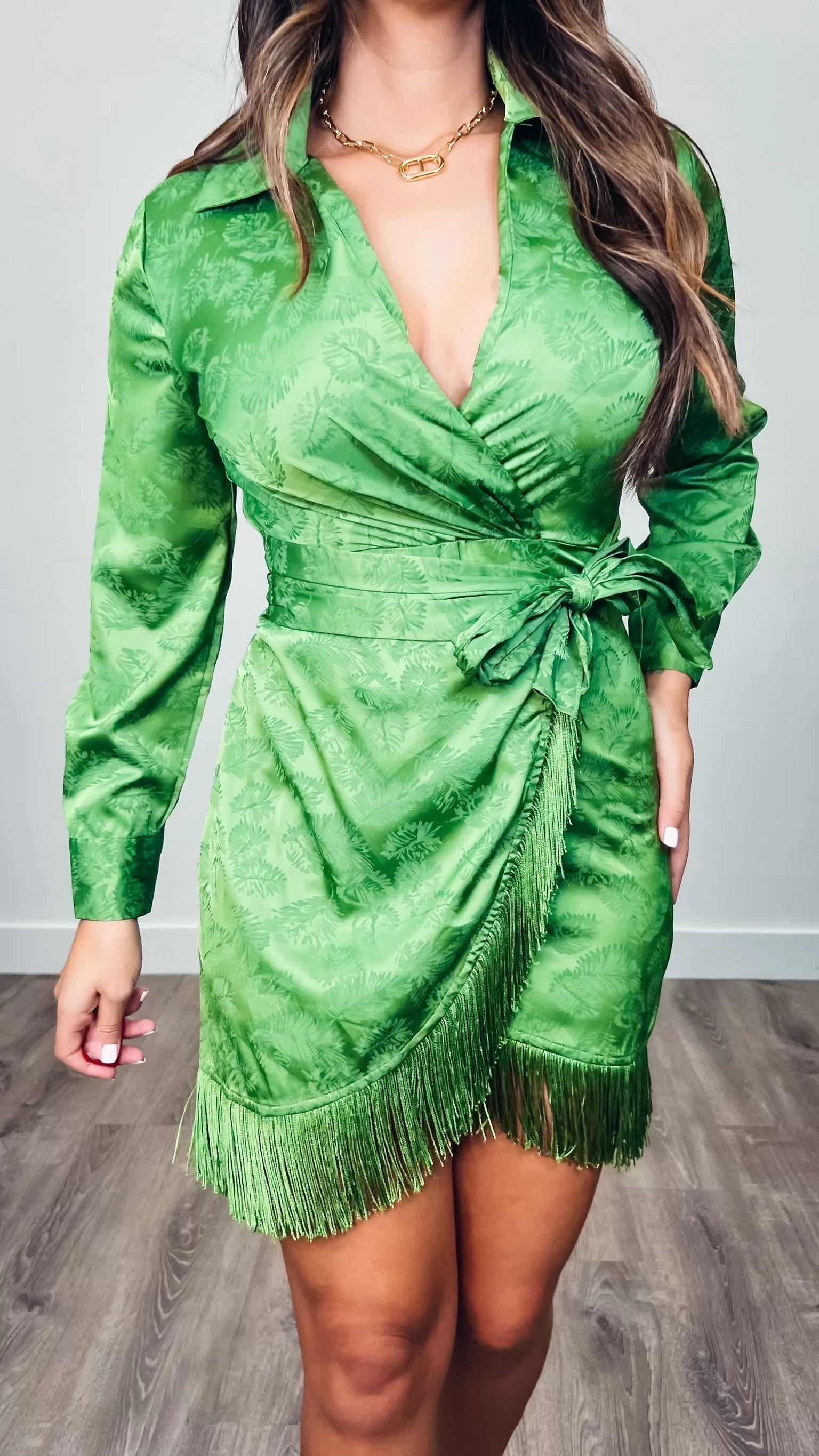 Flamenco Fringed Faux Wrapped Dress Avocado