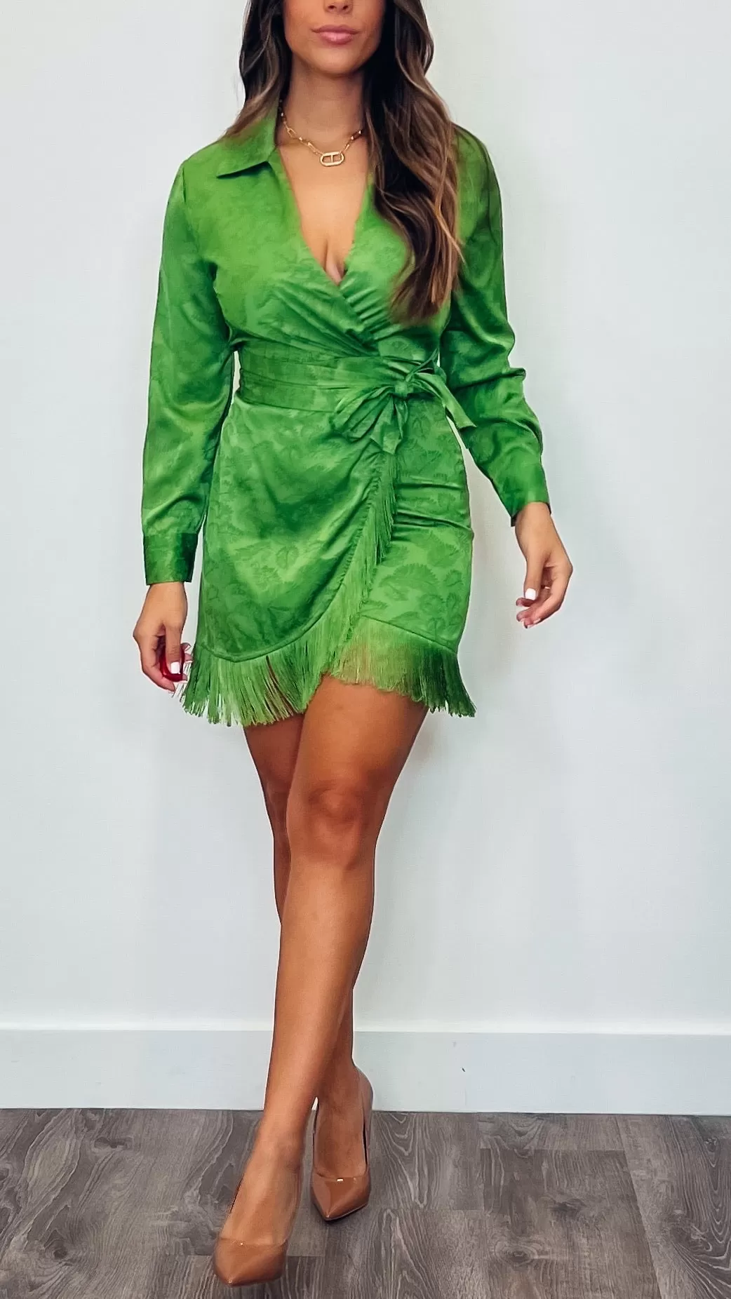 Flamenco Fringed Faux Wrapped Dress Avocado