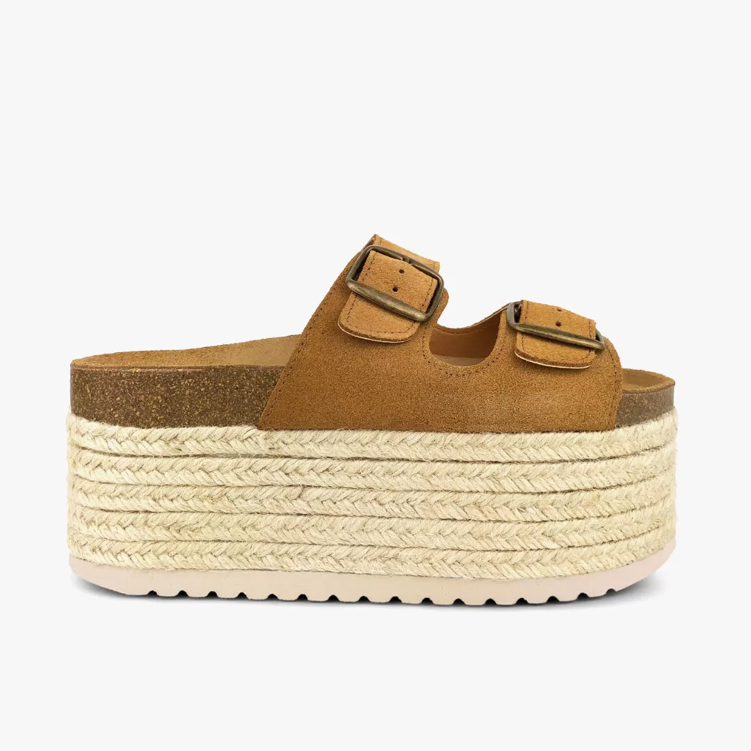 FRICA CAMEL - Sandalias marrones con plataforma de esparto alta