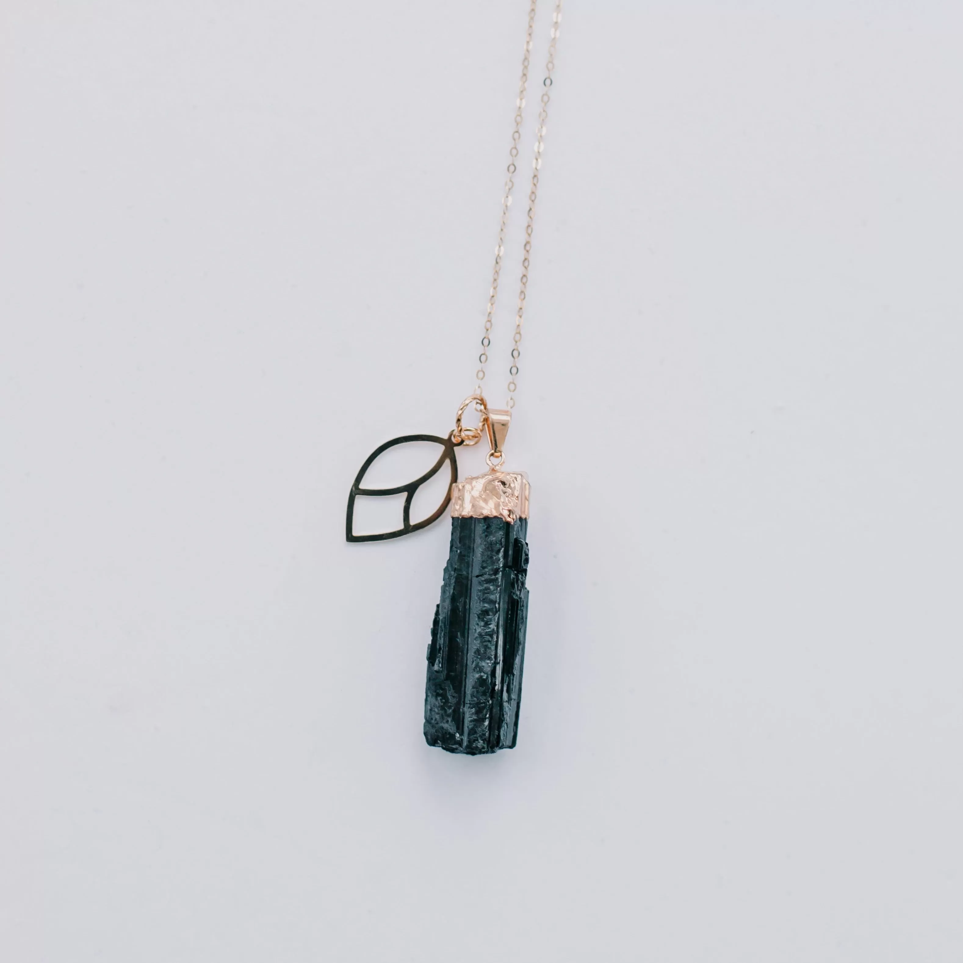 Gold Black Tourmaline    Leaf Pendant Necklace