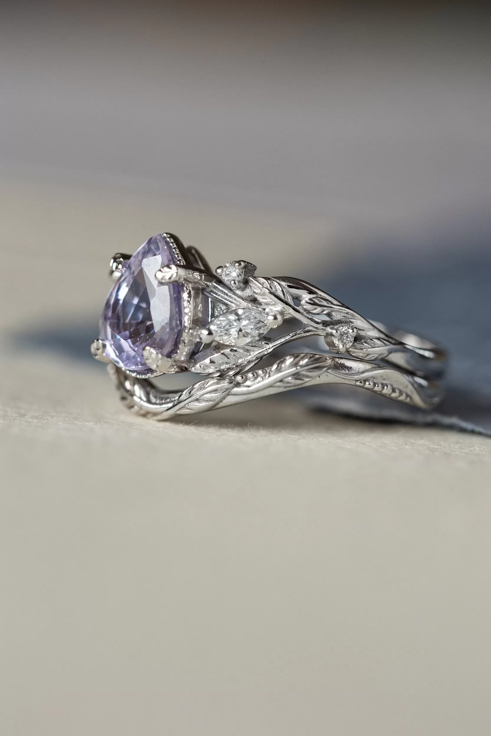 Lavender sapphire and diamonds bridal ring set, gold stacking rings with vines, leaves and diamonds / Patricia