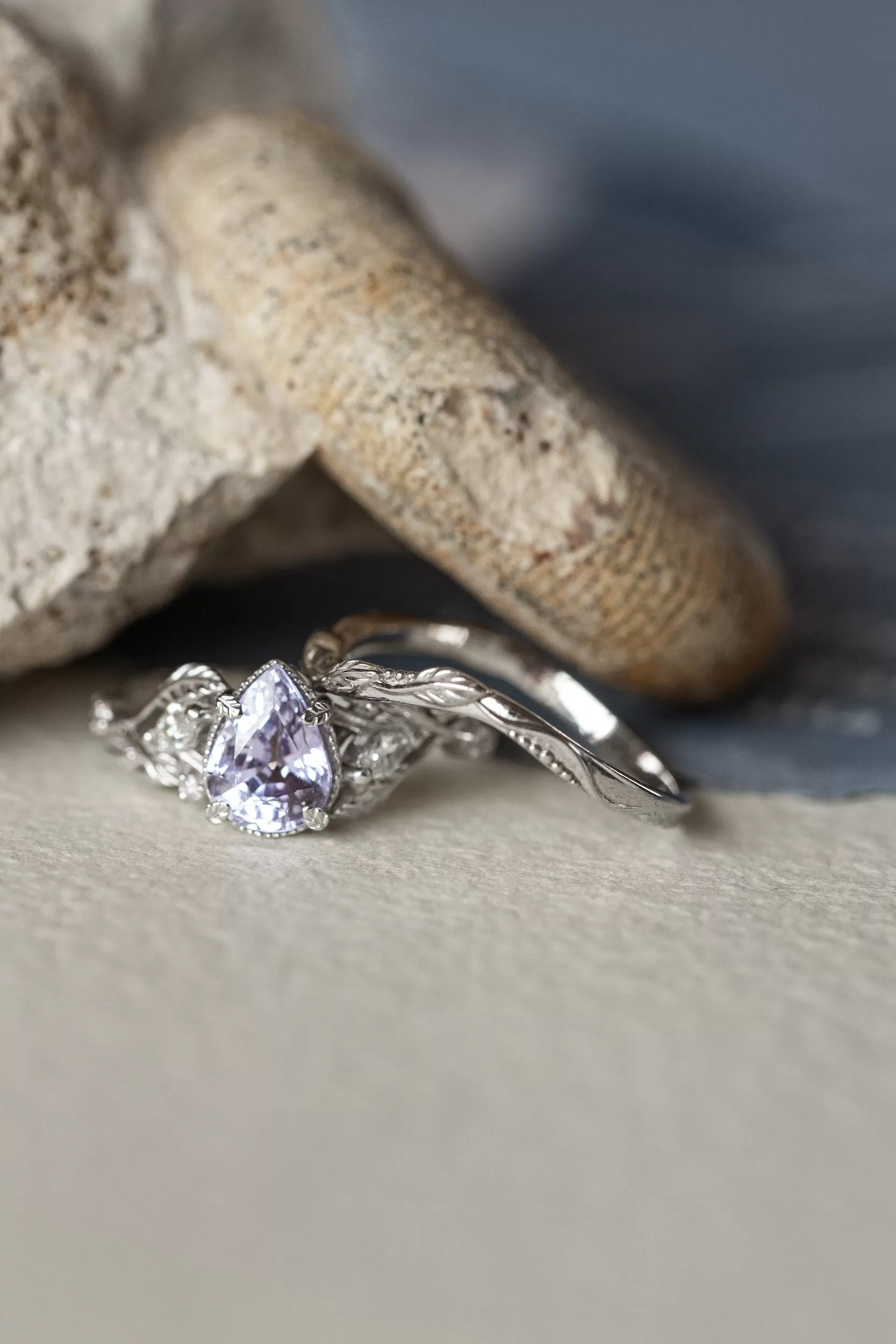 Lavender sapphire and diamonds bridal ring set, gold stacking rings with vines, leaves and diamonds / Patricia