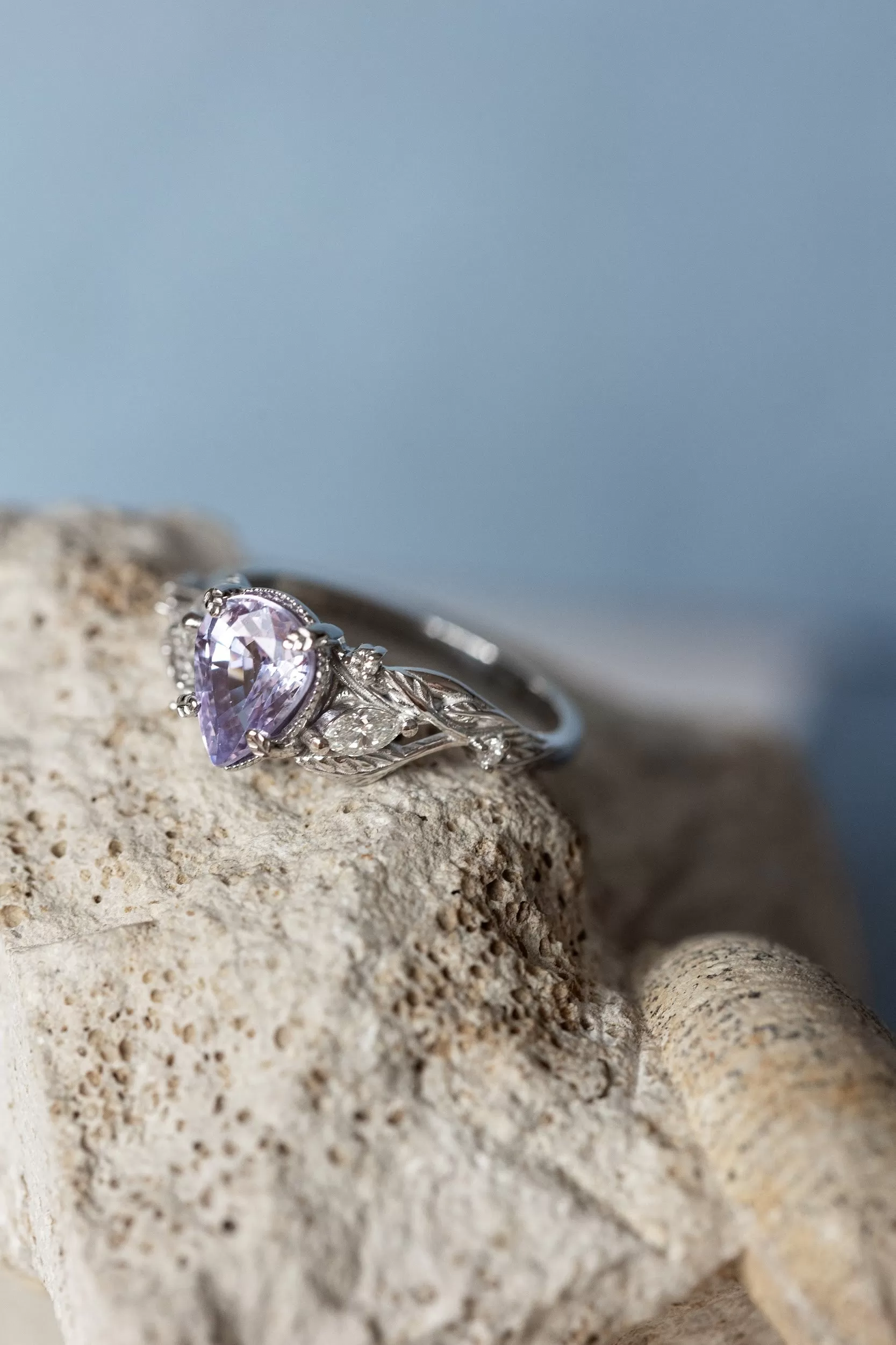 Lavender sapphire and diamonds bridal ring set, gold stacking rings with vines, leaves and diamonds / Patricia