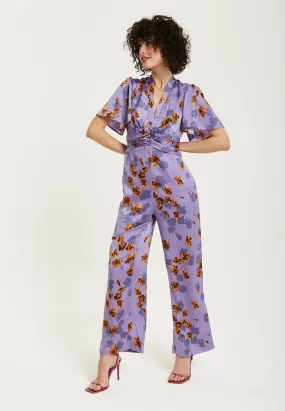 Liquorish Purple Floral Wide Leg Jumpsuit With Angel Sleeves