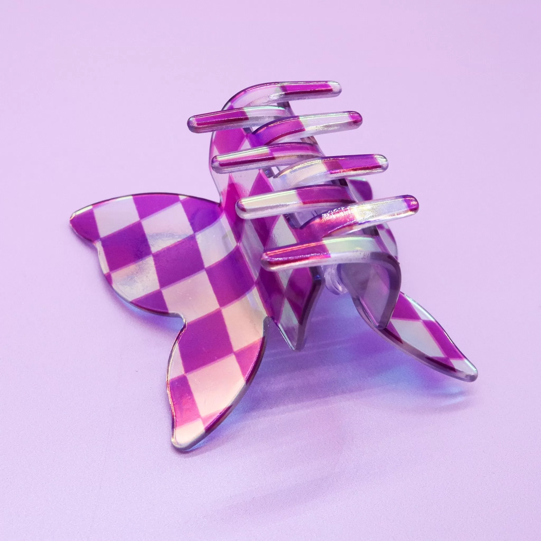 Medium Iridescent Checkered Butterfly Hair Claw Clip