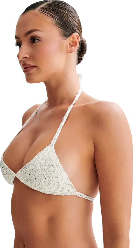 Meshki Cream Verity Embellished Knit Bikini Top - Buttercream UK 8