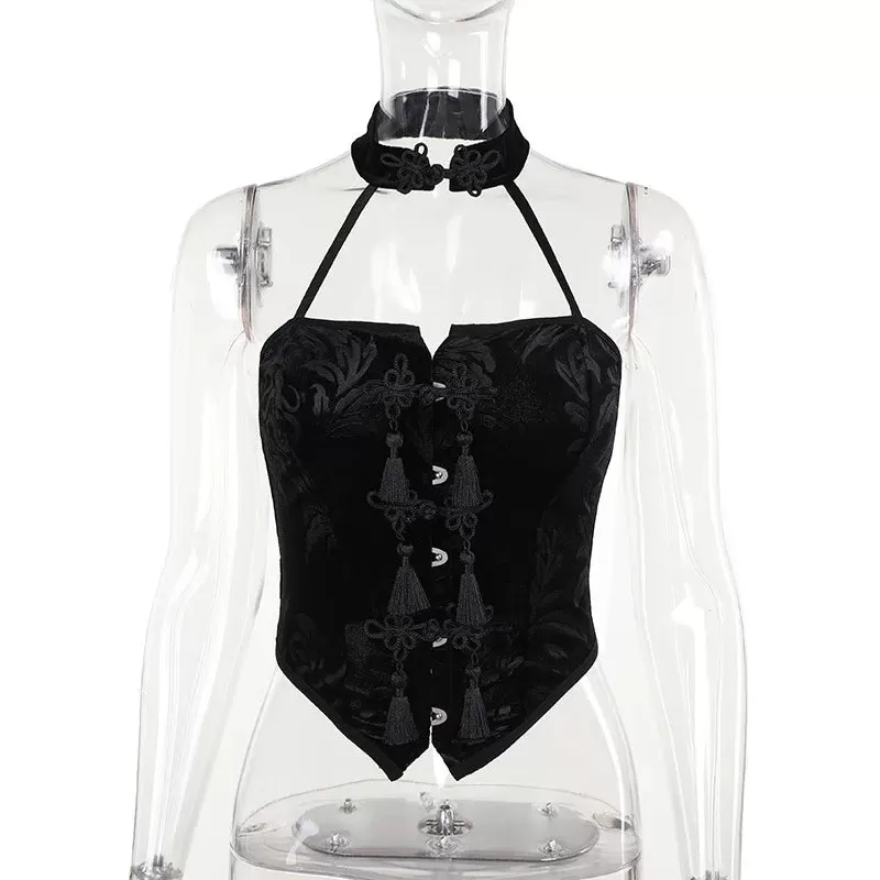 New Arrival Spicy Girl Gothic Style Sexy Choker Neck Black Button Crop Top