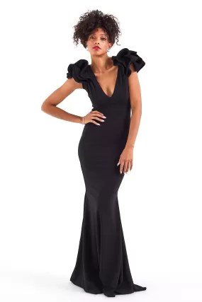 Onyx Black Ruffle Shoulder Gown