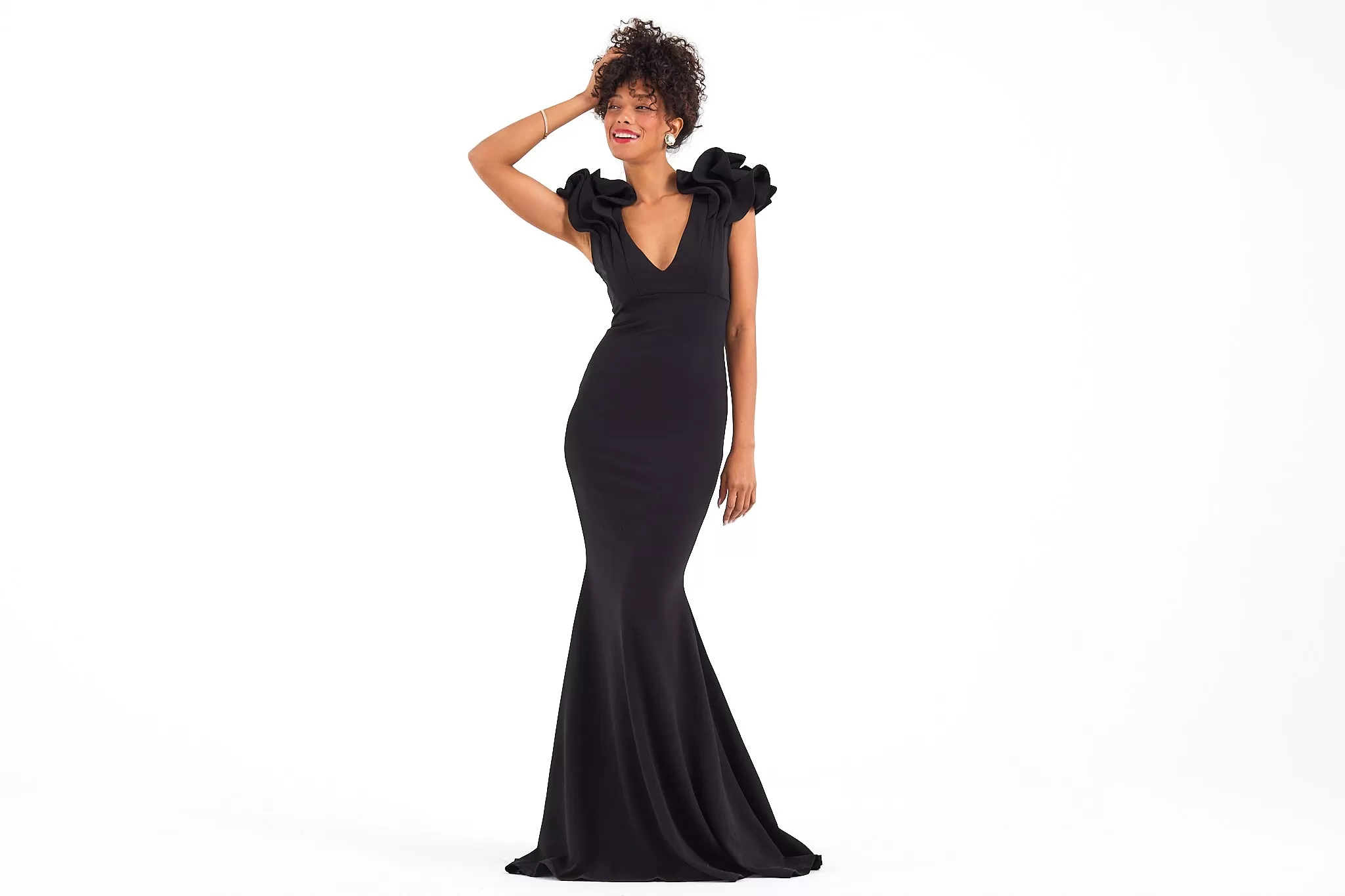 Onyx Black Ruffle Shoulder Gown