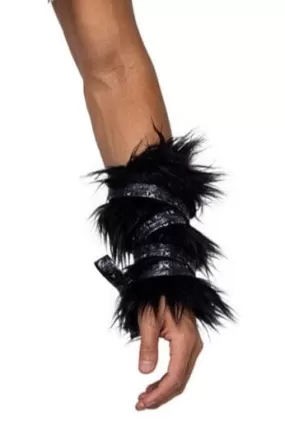 Pair of Black Faux Fur Cuffs with Strap Detail