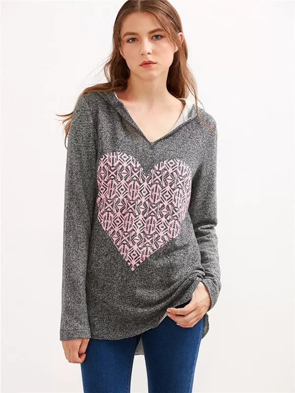 Pink Heart Printed Hooded Sweatshirt