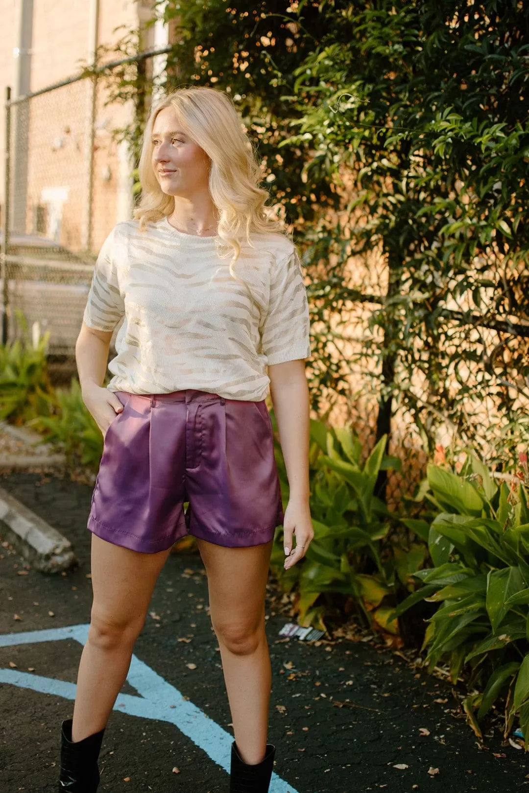 Plum Purple Satin Pleated Short