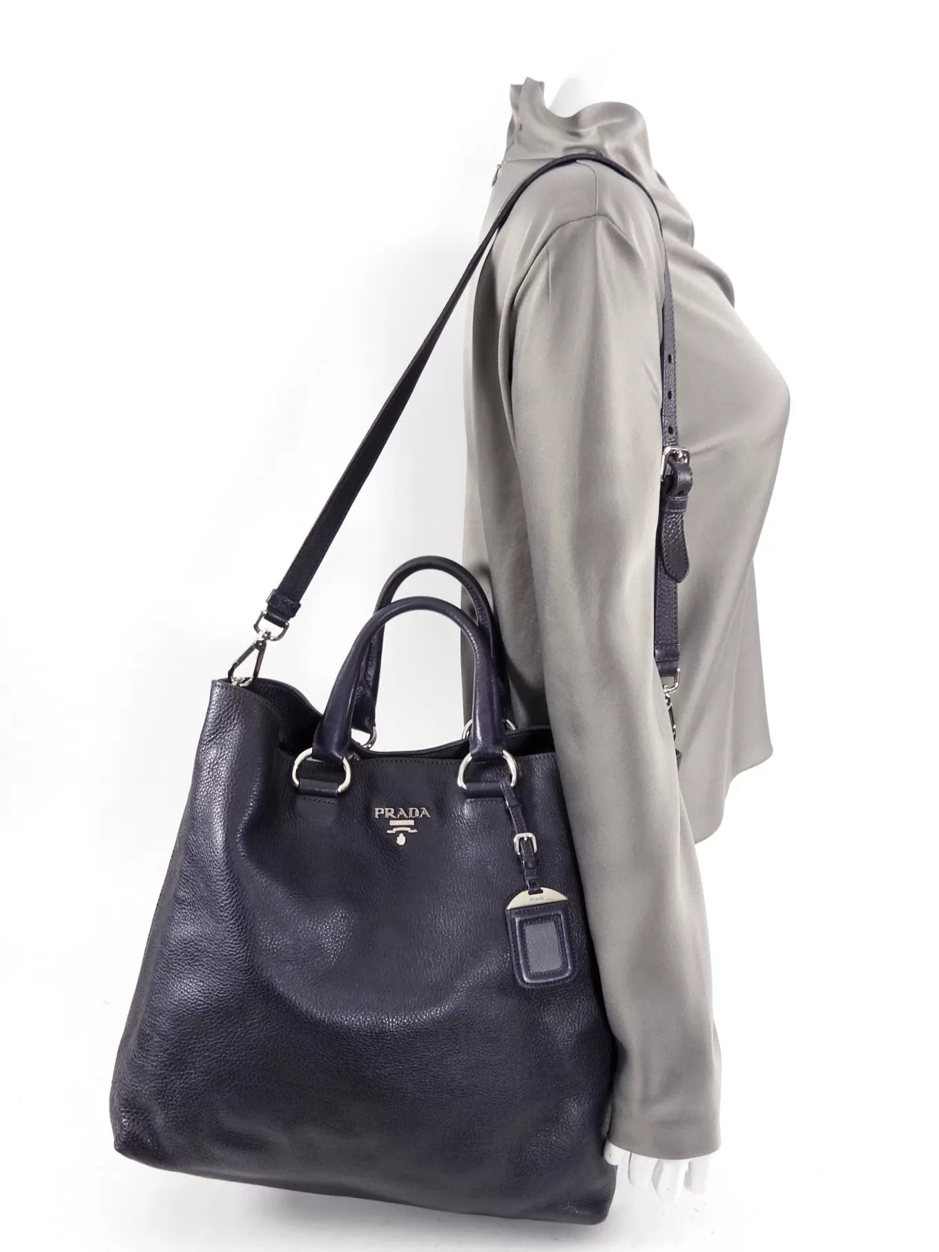 Prada Dark Purple Daino Leather Two-Way Tote Bag