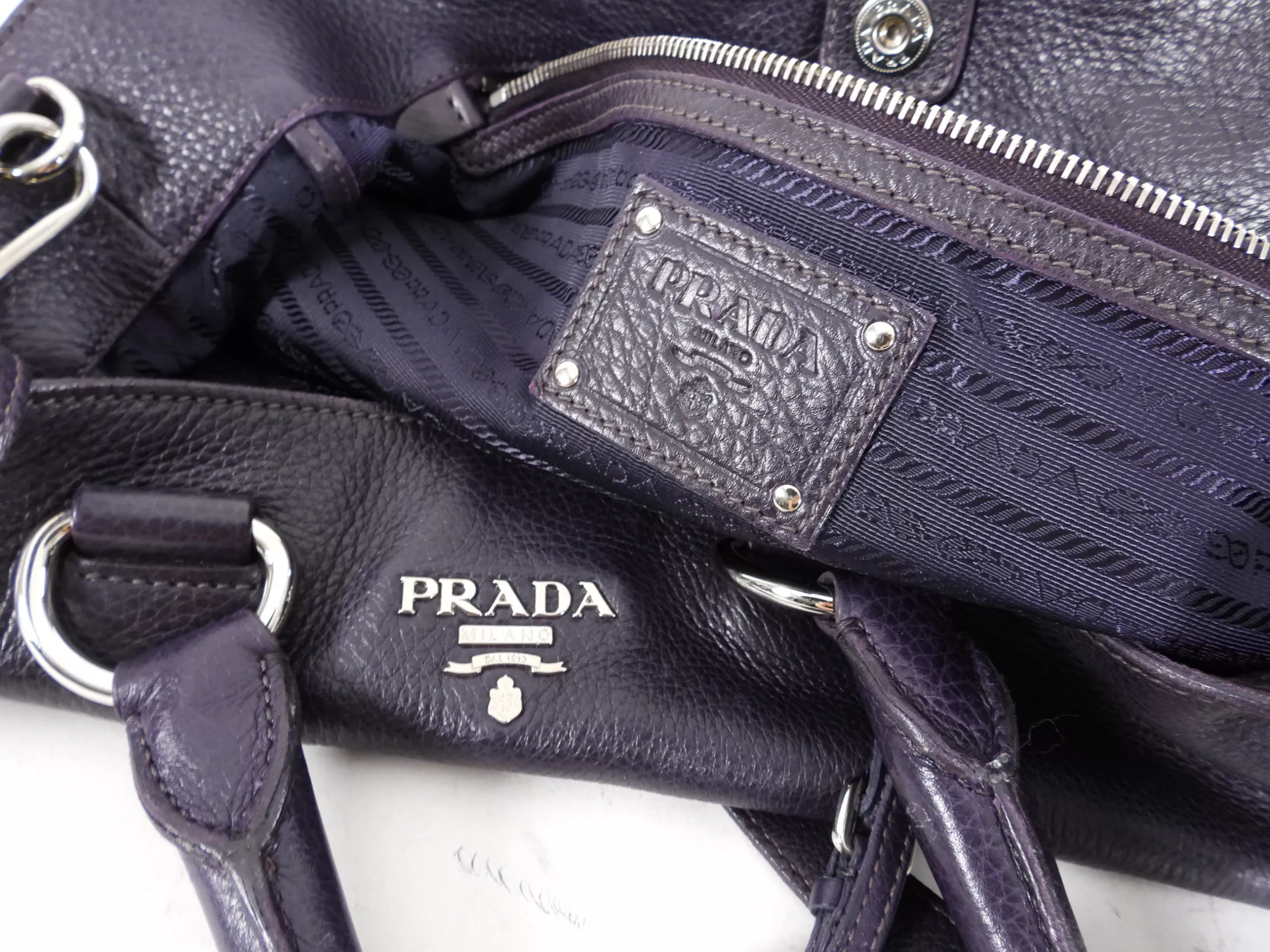 Prada Dark Purple Daino Leather Two-Way Tote Bag