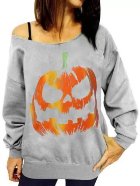 Pumpkin Head Pattern Printed Long-Sleeved Strapless Sweatshirt