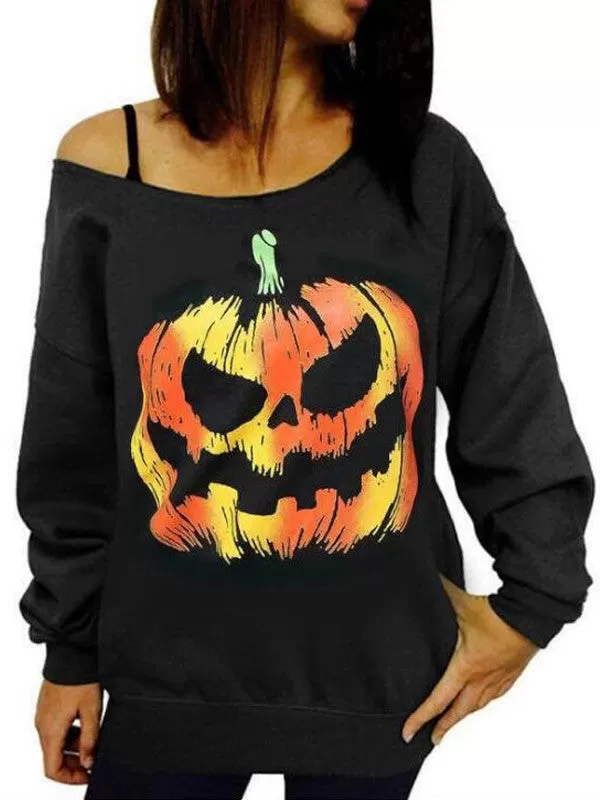 Pumpkin Head Pattern Printed Long-Sleeved Strapless Sweatshirt