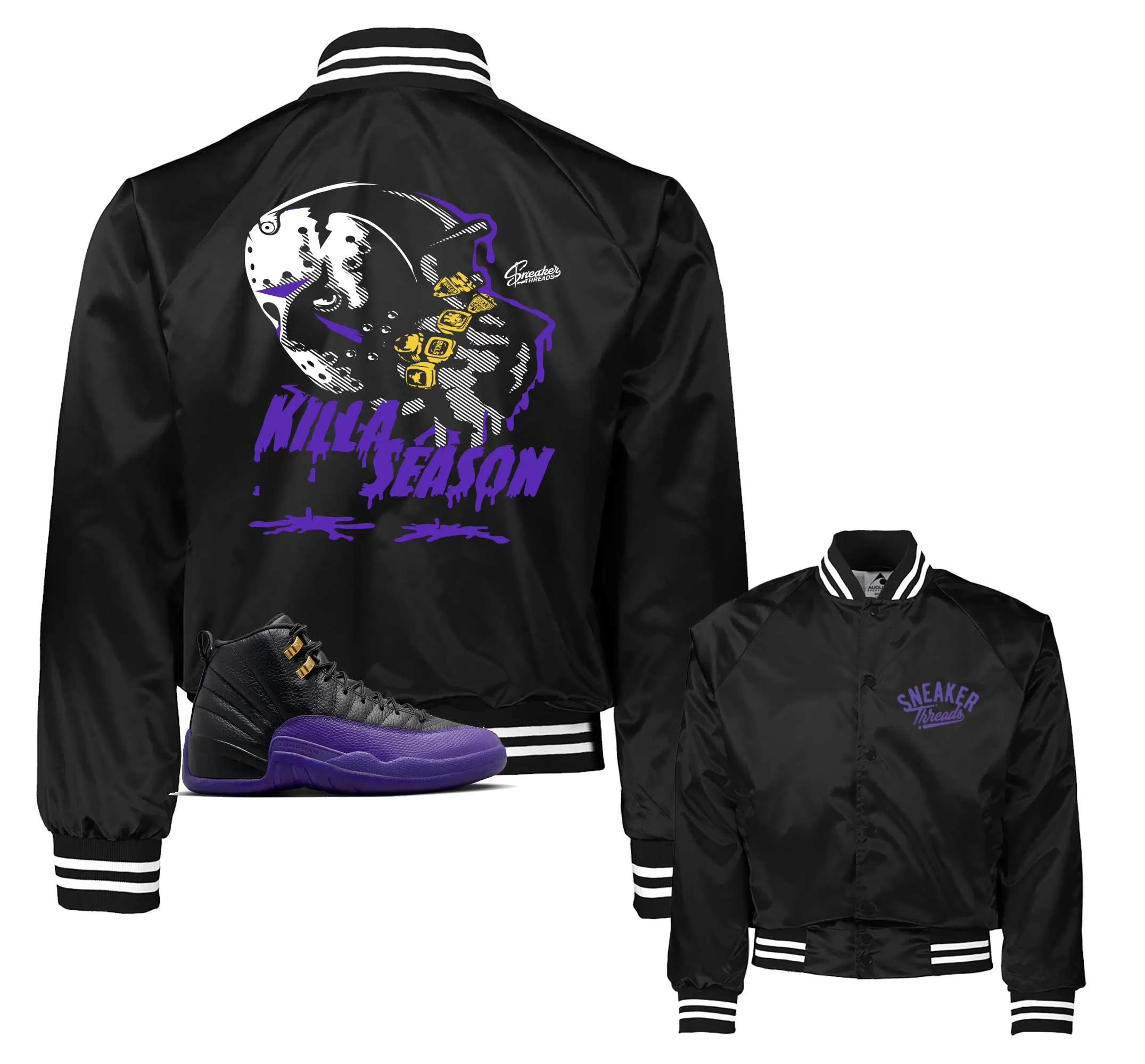 Retro 12 Field Purple Satin Jacket - Killa Season - Black