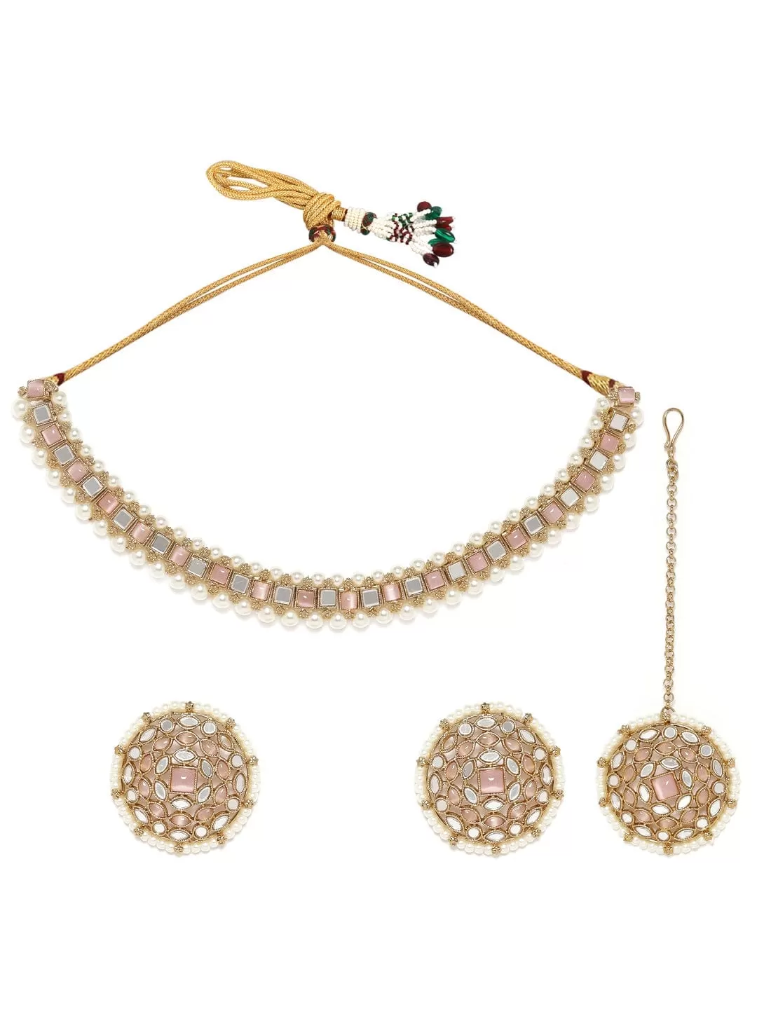 Rubans 22K Mehndi Gold plated pastel pink & mirror studded pearl beaded choker Set