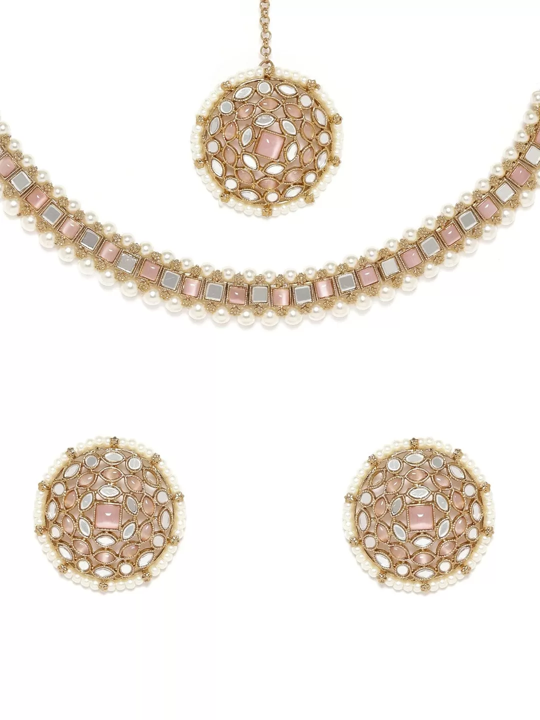 Rubans 22K Mehndi Gold plated pastel pink & mirror studded pearl beaded choker Set