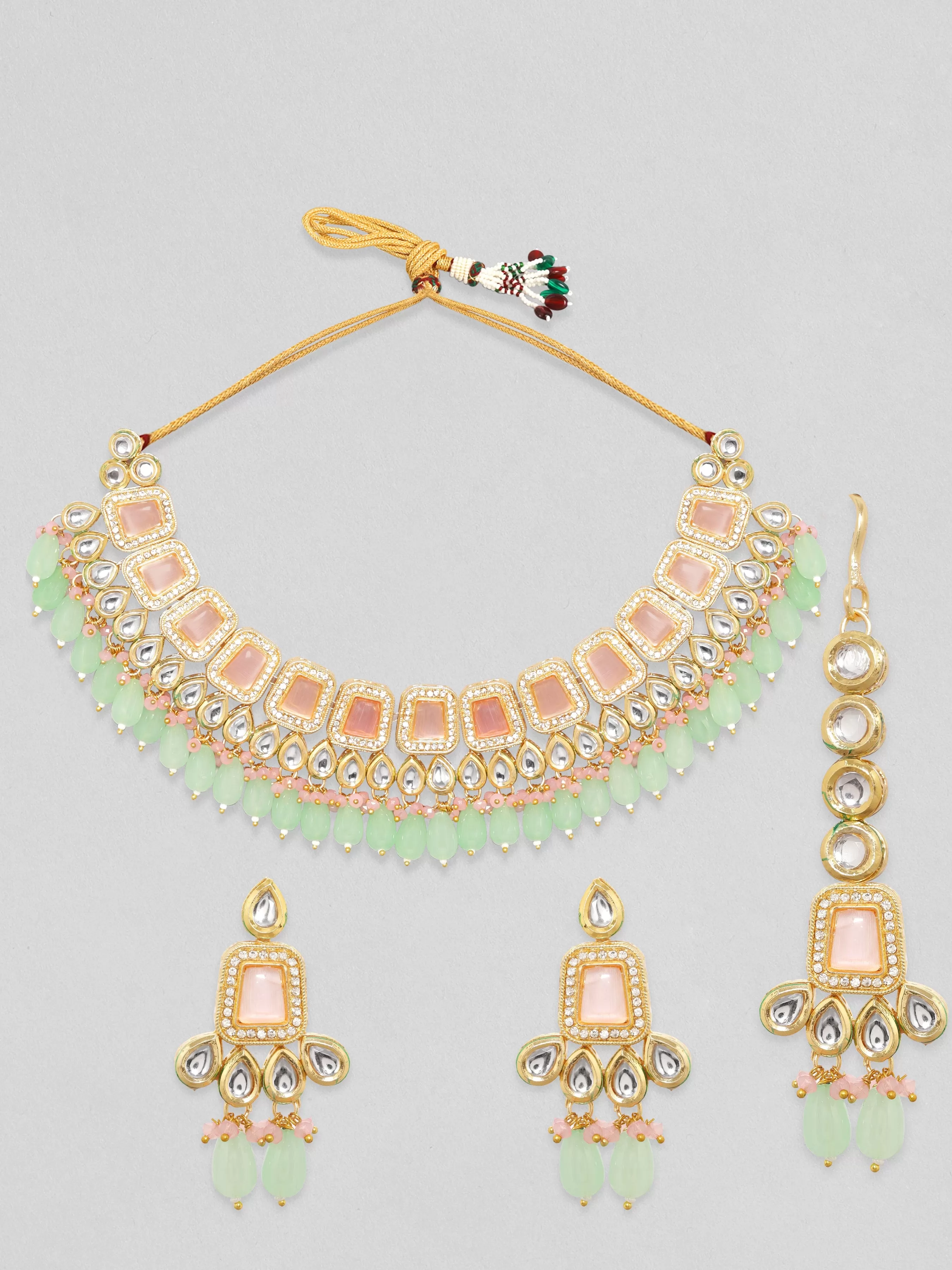 Rubans 24K Gold Plated Pink Kundan Studded Blue Beaded Jewellery Set