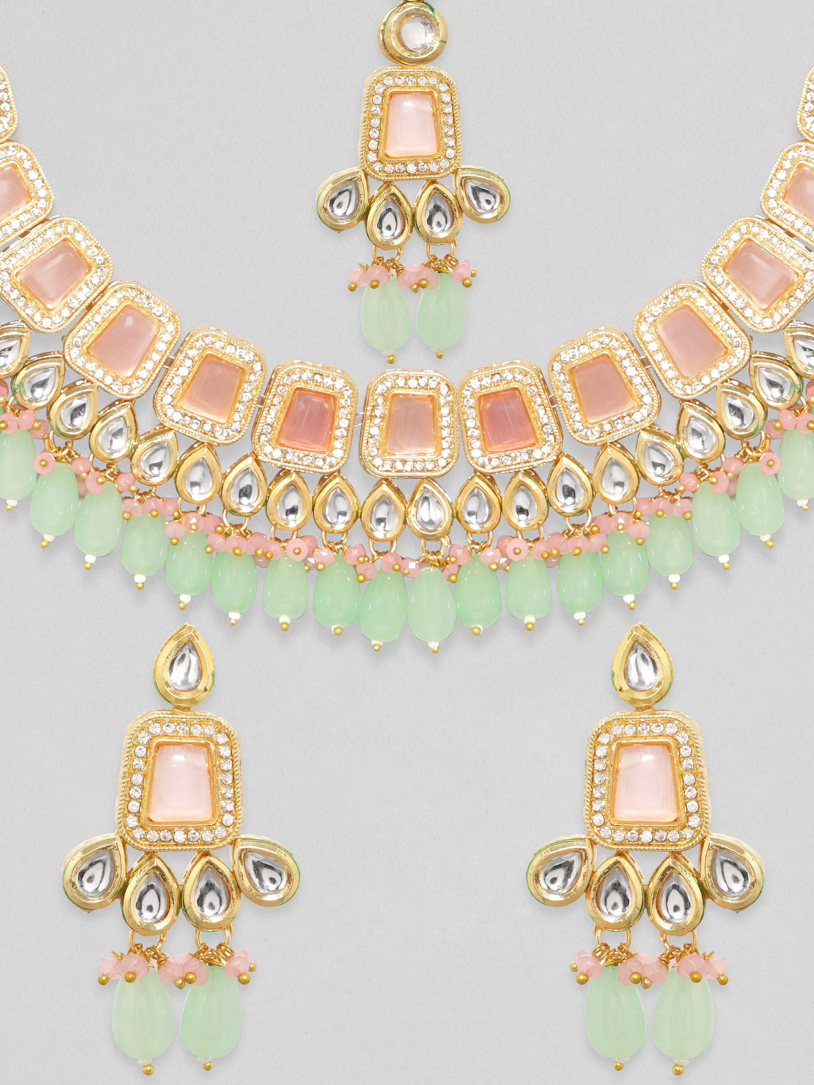 Rubans 24K Gold Plated Pink Kundan Studded Blue Beaded Jewellery Set