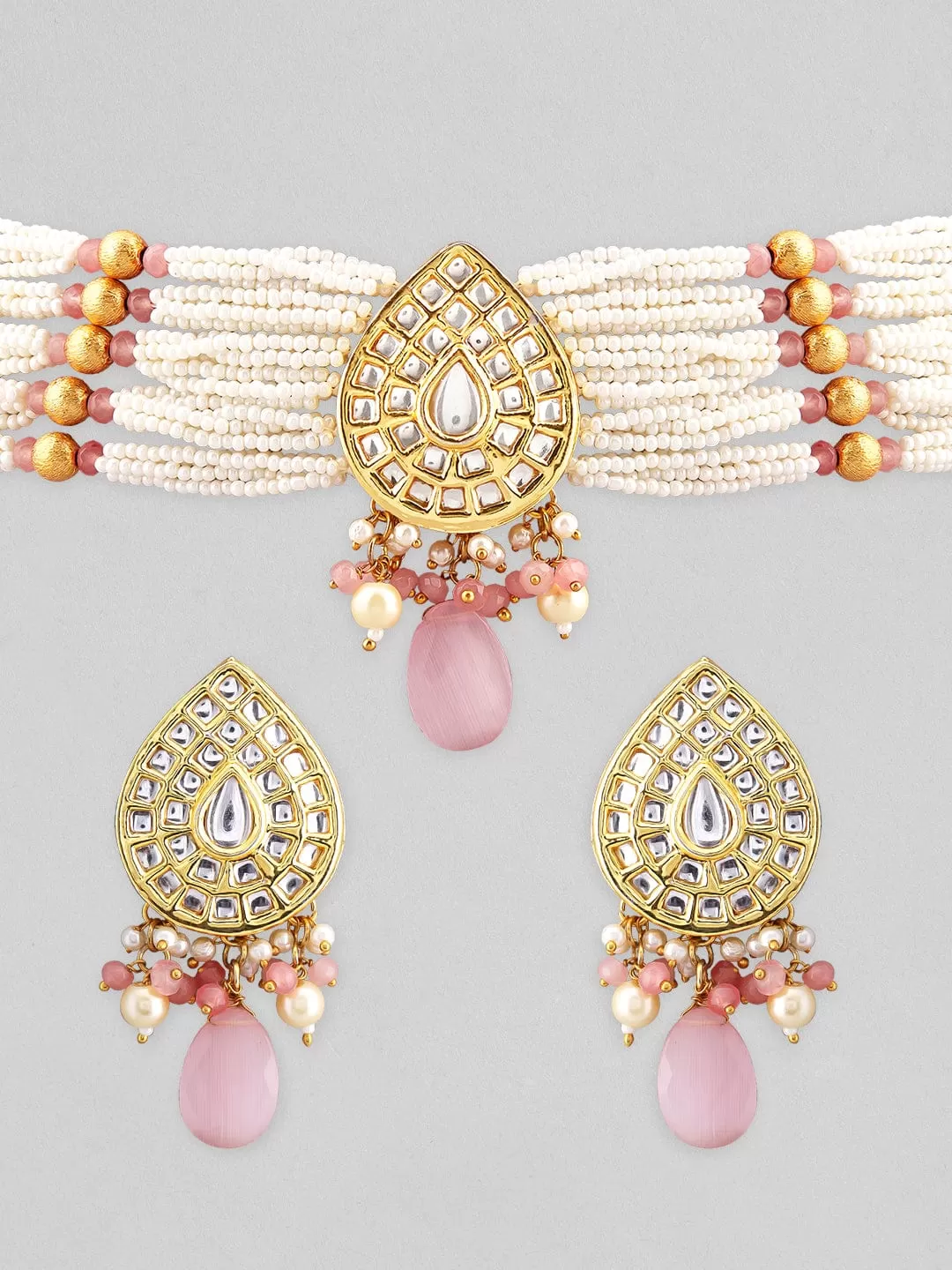 Rubans Luxury Gold Plated Kundan Choker Set With Pastel Pink Beads.