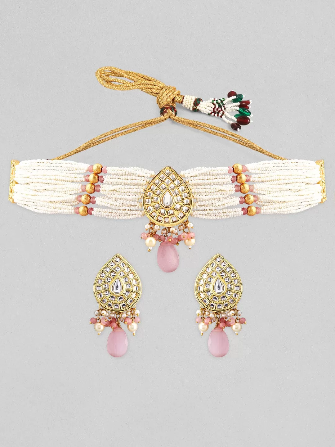 Rubans Luxury Gold Plated Kundan Choker Set With Pastel Pink Beads.