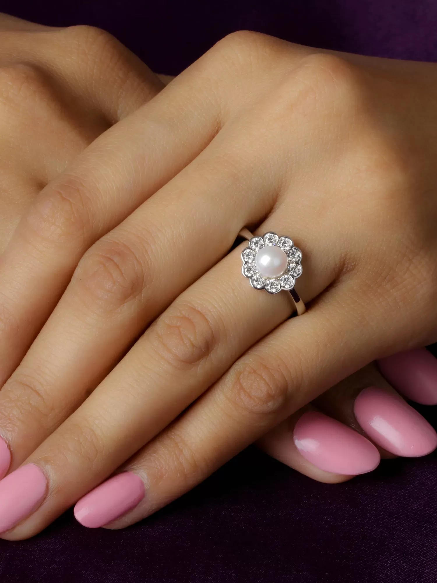 Silver Pearl Flower Ring