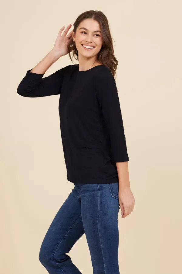 Soft Touch 3/4 Sleeve Pleat Back Crewneck in Marine