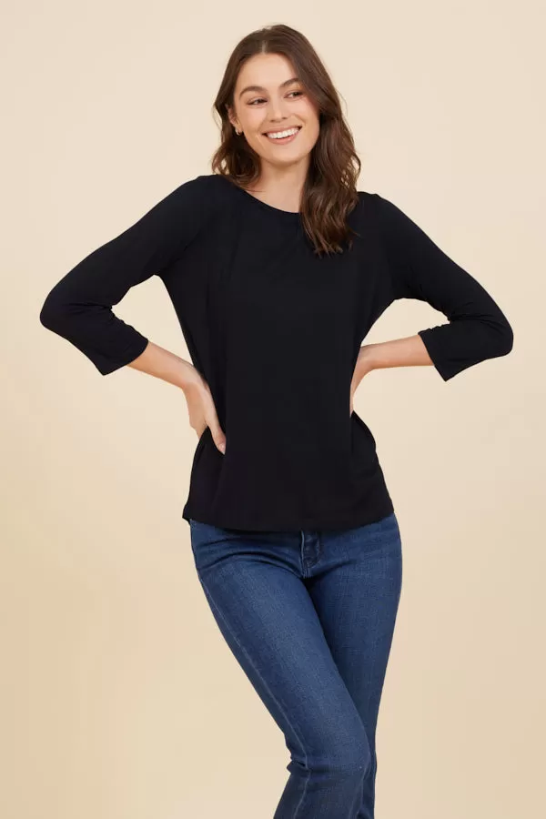 Soft Touch 3/4 Sleeve Pleat Back Crewneck in Marine